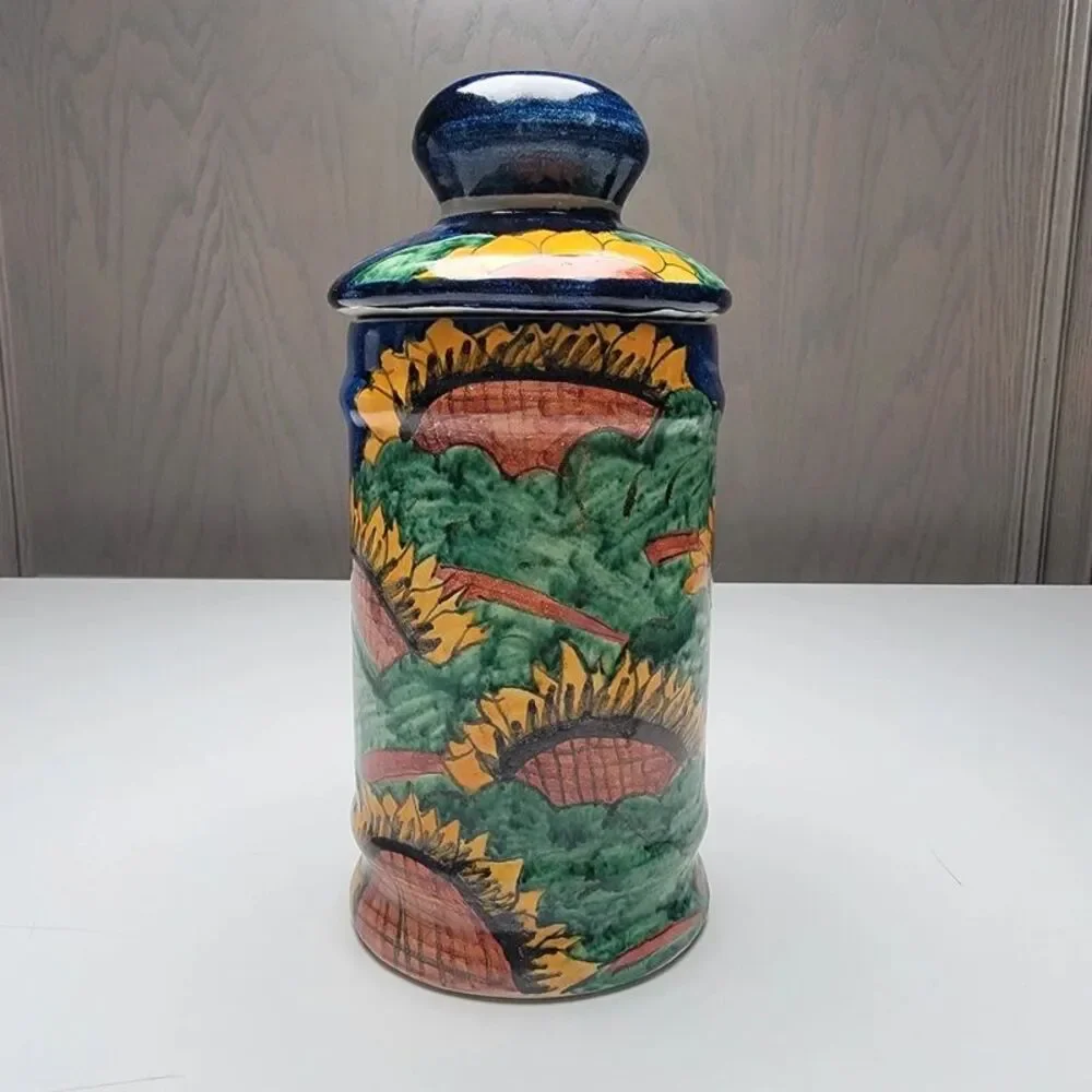 Vintage Tuscan Majolica Style Sunflower Ceramic Canister Lidded Cookie Jar